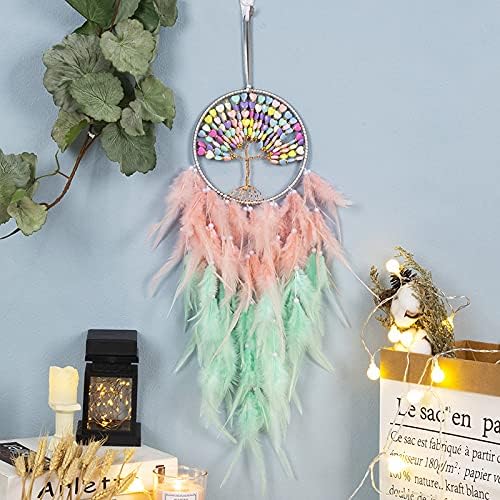 Pretty Jolly Macaroon Candy Tree of Life Dream Catcher Wall Decor with Healing Crystal Stone Handmade Feather Dream Catchers Decoration Wall Hanging Bedroom Living Room Wedding Party Home Decor-25.6"
