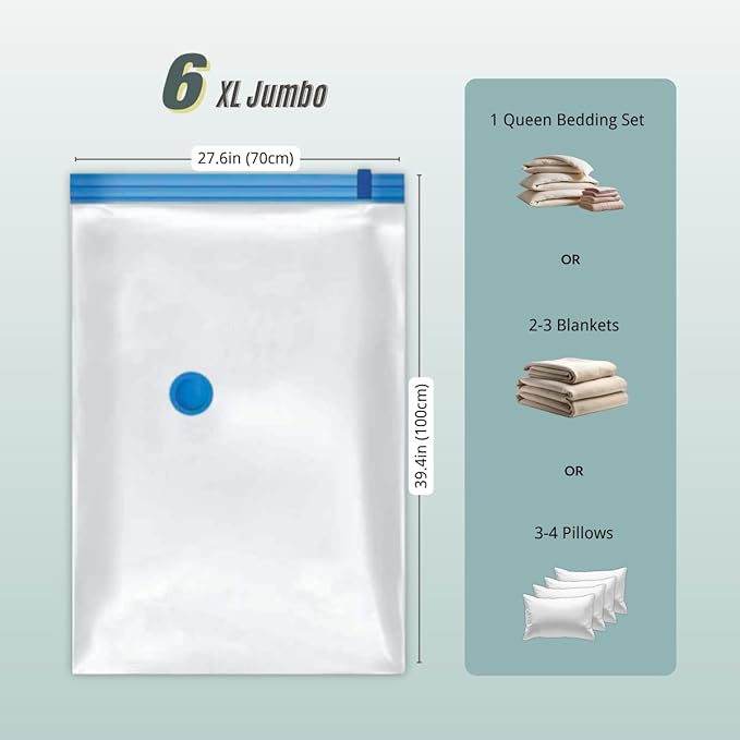 6 Jumbo XL Vacuum Storage Bags with Pump, Extra Large Compression Space Saver for Comforter, Duvet, Blanket, Bedding Storage, Vacuum Seal Bags for Clothing, Luggage Closet Organizer