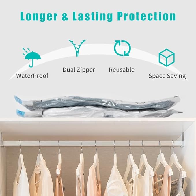Vacuum Storage Bags, 10 Pack with Electric & Manual Pump, Space Saver Compression Bags for Clothes, Blue and White, Nylon, 4 Medium 4 Large 2 Jumbo, (Hand Pump)