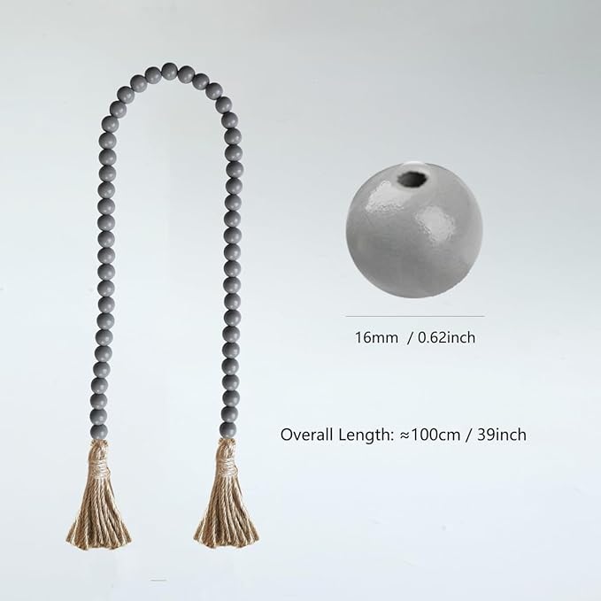 Boho Decor Wood Beads Garland Farmhouse Wall Hanging Decorations Natural Wooden Bead Tassel Decorative for Coffee Table Christmas and Prayer (Gray, 39")