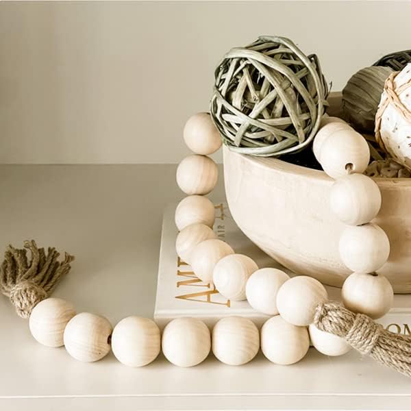 Farmhouse Decor Large Wood Bead Garland 50inch long with 1.6" Diameter beads, Natural Wooden Beads Decor with Tassels Decorative Boho Country Decoration for Coffee Table Home Tiered Tray Wall Hanging