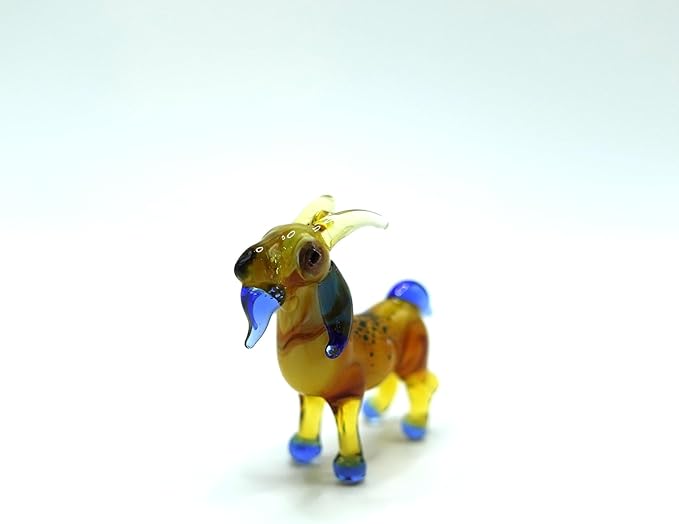 Goat Micro Tiny Figurines Hand Blown Glass Art Animals Collectible Gift Home Décor (Amber Blue)