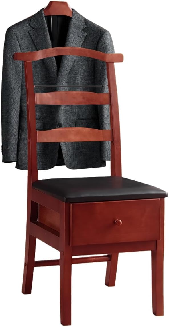 Wooden Suit Valet Stand with Contour Hanger Tie Bar Belt Hooks Chair Valet with Drawer Freestanding Clothes Stand Standing Hanger for Living Room, Entryway, Bedroom(Light Brown)