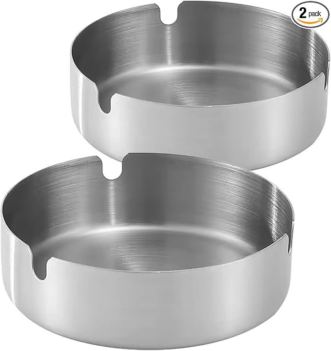 Ashtray Stainless Steel Cigarette Ashtray Ash Tray for Cigarettes 2 Pack (Silver, Large-3.94in)