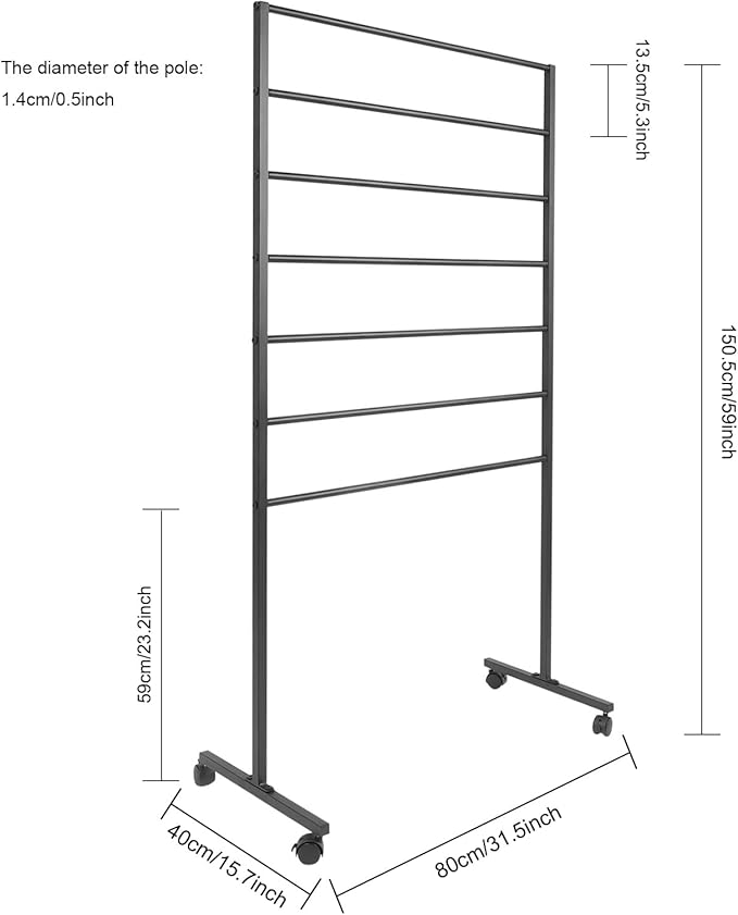 Scarf Organizer Stand, 7-Tier Freestanding Scarf Display Rack with Wheels, Metal Scarf Holder Belt Pants Hanger for Commercial Clothing Retail Store Home, 31.5" x 15.7" x 59"(Black)