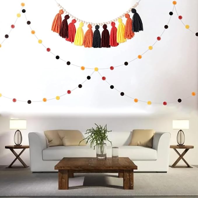 3PCS/Set Boho Tassel Garland,BetterJonny Boho Tassel Garland Wall Hanging Decor Pastel Banner with Wood Beads and 2Pcs Pom Pom Felt Ball for Home and Outdoor Decor