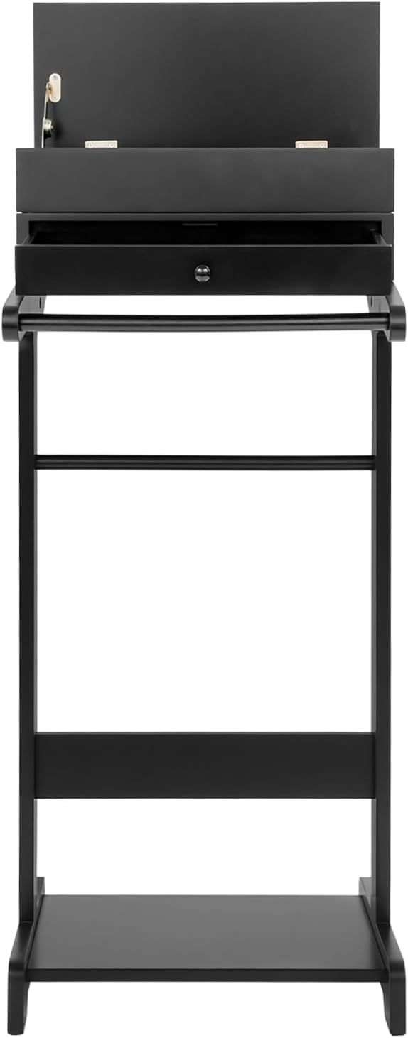 Suit Valet Stand Black, Freestanding Clothes Rack with Drawer & Shoe Rack, 33lbs Capacity, for Bedroom Hotel Entryway