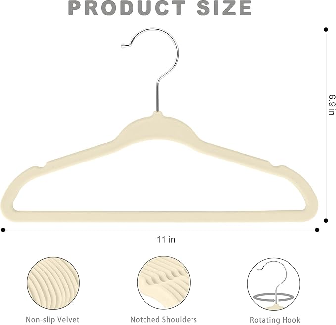 BAGAIL 50 Pack Kids Velvet Hangers 11 Inches Children's Clothes Hangers Non-Slip Baby Hangers for Infant/Toddler (Ivory)