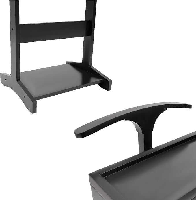 Wood Mens Valet Stand With Shoe Shelf, Coat Hanger and Hat Rack - Freestanding Suit Stand and Clothes Butler With Storage Organizer (Black)