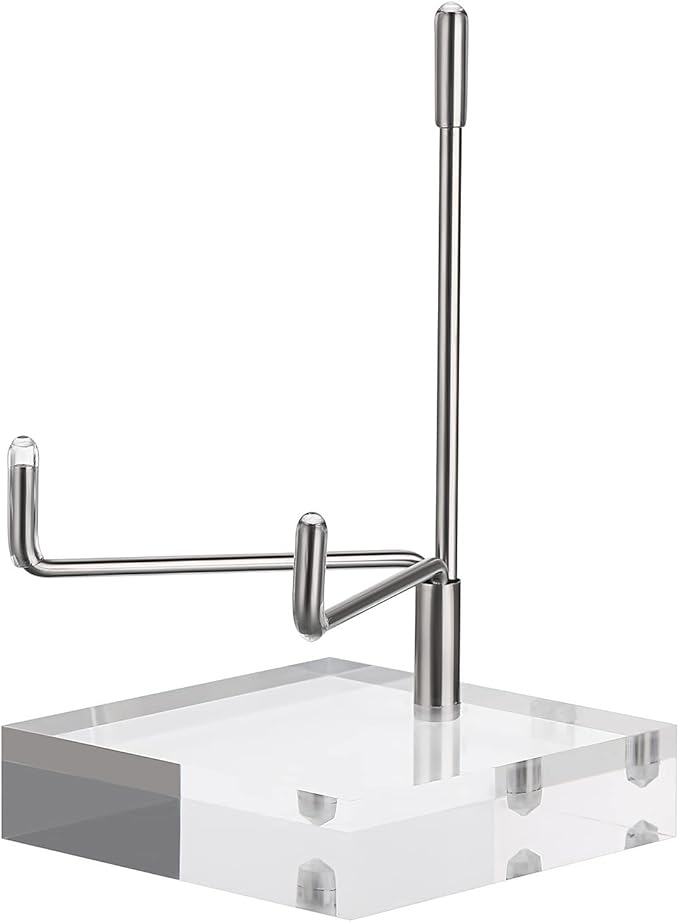 Hipiwe Clear Acrylic Display Stand Holder with Adjustable Metal Arms Display Easel Stands for Gemstones Fossils Minerals Agate Slabs Plates Crystals Saucers Collectibles, 2.4x2.4x4.1 inch