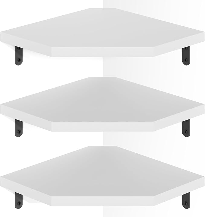 Alsonerbay Corner Wall Shelf Set of 3 Corner Shelf Wall Mount, Solid Wood Corner Floating Shelves with Cable Hole for TV Accessories, Speaker, Game Console for Bedroom, Living Room, Bathroom White