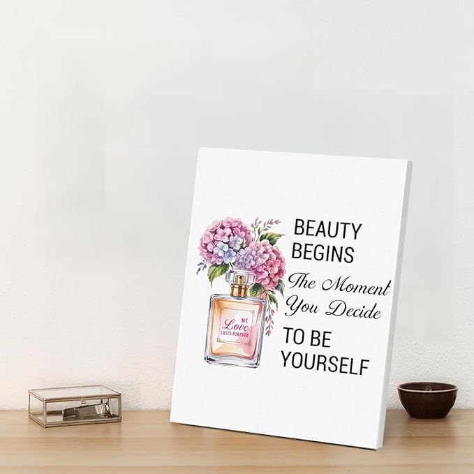 Inspirational Pink Flower Wall Art Decor for Powder Room Bedroom Bathroom, Motivational Quotes Wall Decor Canvas Painting Pictures Artwork Gift for Women Teens (8 X 10 Inches, Framed)