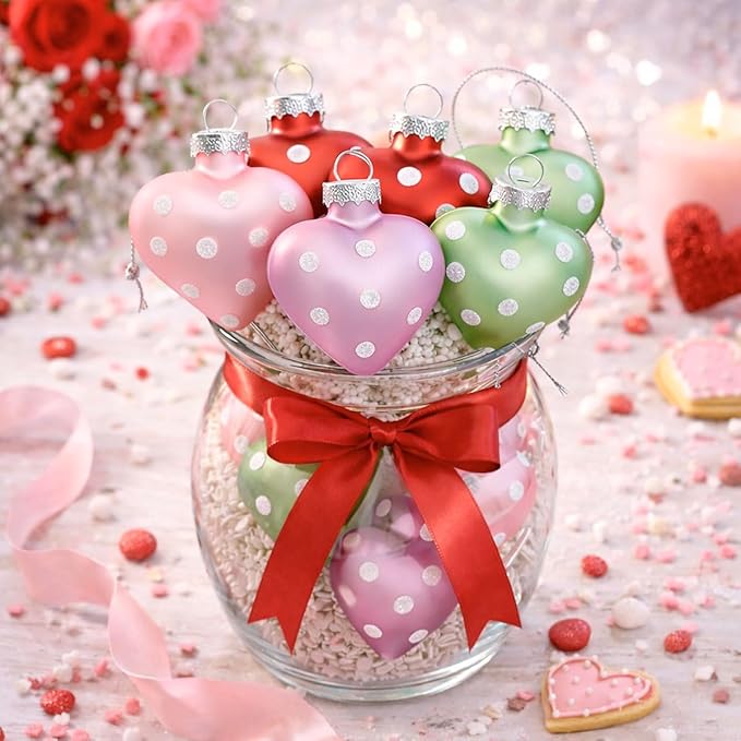 Lillian Vernon Dot Heart Valentines Ornaments - 12-Piece Set, Blown Glass, Handcrafted Hanging Tree Decorations, Valentine’s Day Holiday & Party Decor, 2.5 in