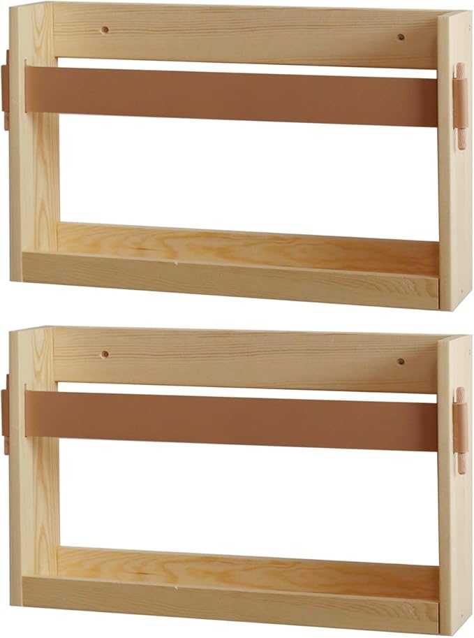 FIRADE Wall-Mounted Magazine Holder With PU Leather Strap,Wood Magazine rack,File Organizer For Entryway, Office,Living Room, Waiting Room, Kids’ room,2 Pack (17.3" x 3.5" x 10.6 ")