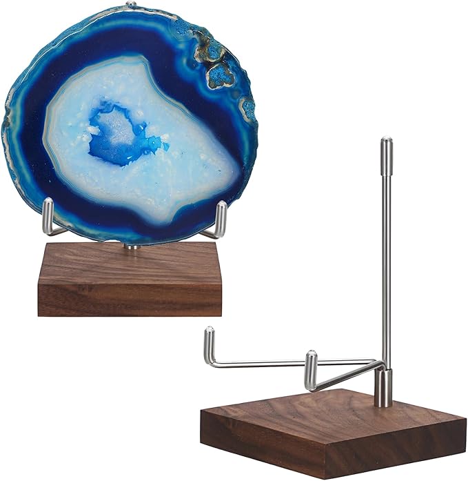 Hipiwe Rock Display Stand with Wooden Base Adjustable Metal Arms Display Stand Easel for Geode Mineral Agate Gemstones Fossils Plate and Photo,3.1"x3.1"x5"
