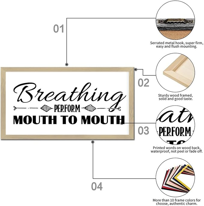 Chic Style Encouragement Quote Hanging Wall Sign with Bible Quotes Breathing Perform Mouth to Mouth Beige Frame Wooden Plaque for Washroom Farmhouse Cottage Porch Wall Decor Housewarming Gift 12x22in