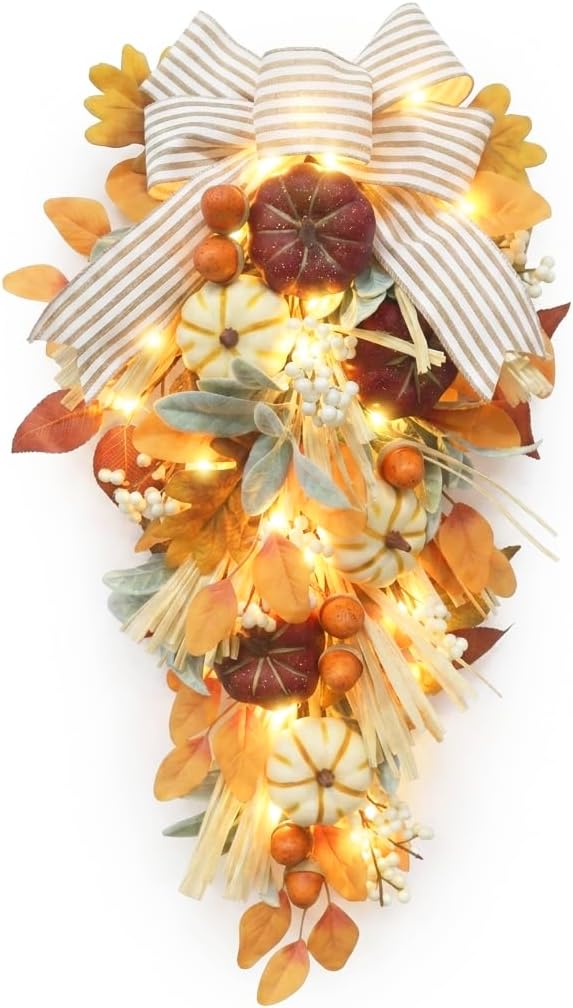 Valery Madelyn 24 inch Fall Pumpkin Teardrop Swag Autumn Harvest Door Hanger with Striped Bow, Mini Pumpkins, Eucalyptus, Raffia & Berry Sprays for Front Door, Mantel Thanksgiving Table Centerpiece
