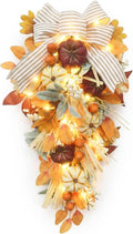 Valery Madelyn 24 inch Fall Pumpkin Teardrop Swag Autumn Harvest Door Hanger with Striped Bow, Mini Pumpkins, Eucalyptus, Raffia & Berry Sprays for Front Door, Mantel Thanksgiving Table Centerpiece