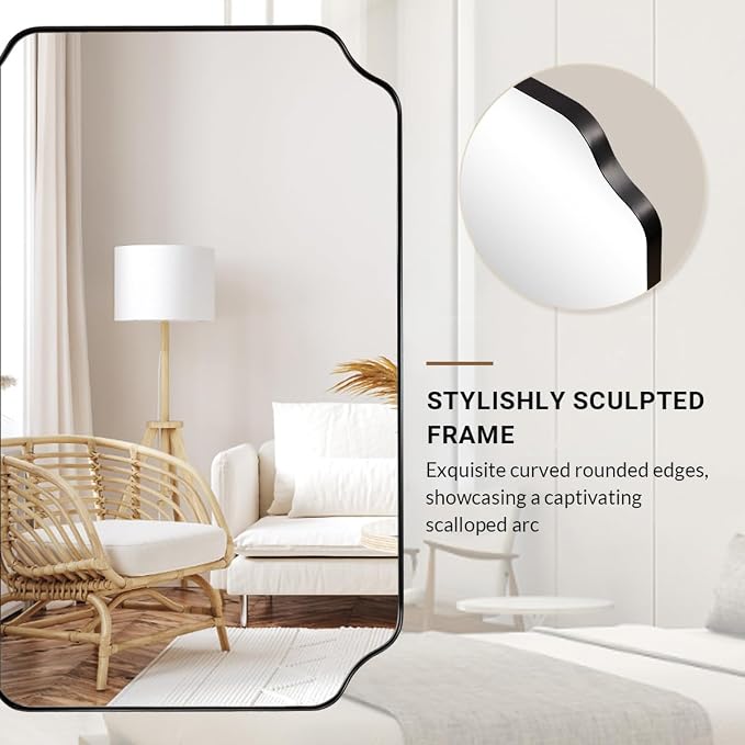 ANDY STAR Black Bathroom Mirror, 22x30 Inch Asymmetrical Mirror, Irregular Wall Mirror in Stainless Steel Metal Frame, Modern Scalloped Mirrors Ideal for Bathroom, Bedroom (Horizontal/Vertical)