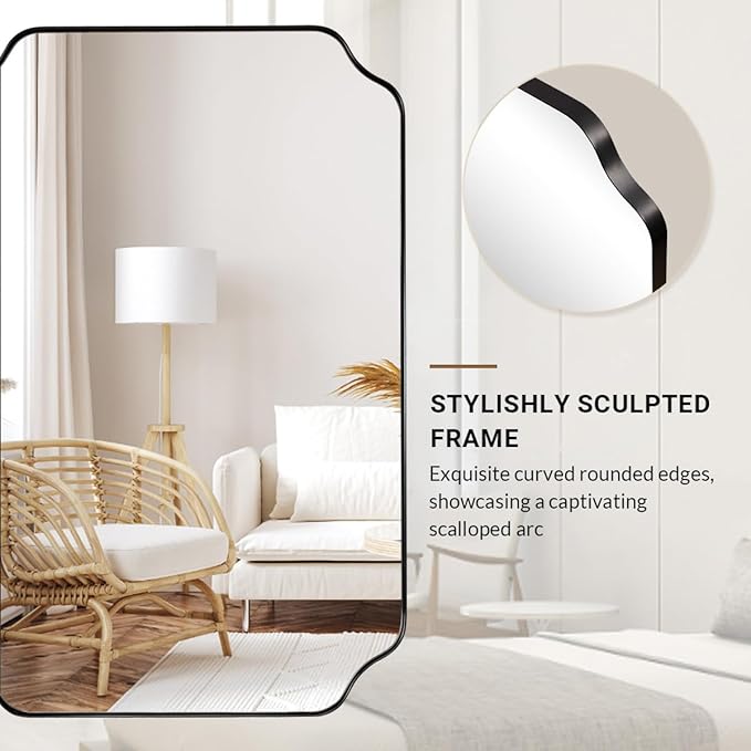 ANDY STAR Matte Black Mirror 24x40 Inch, Scalloped Mirror for Bathroom, Unique Rectangular Bathroom Mirror in Premium Stainless Steel Metal Frame 1’’ Deep, Hangs Vertically/Horizontally