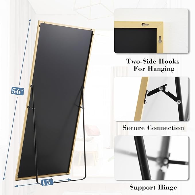 DUMOS 15"x56" Full Length Mirror with Stand, Floor Standing Aluminum Frame, Shatter-Proof Nano Glass for Bedroom, Living Room, Cloakroom – Modern Simple Home Decor,Can Be Hanging or Leaning, Gold