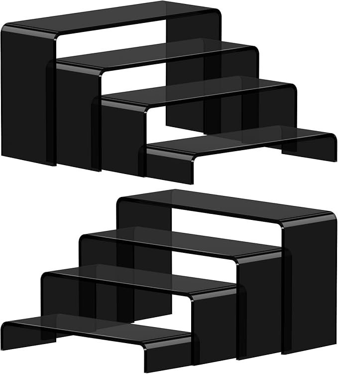 FUNFERY Acrylic Display Risers, 2 Set(7.8" L~8.2" L~8.6" L~9”L) Display Shelf for Figure, Collectibles, Cupcake, Black Acrylic Stands for Dessert, Jewelry, Candy Showcase, 4 Tier Action Figure Stand