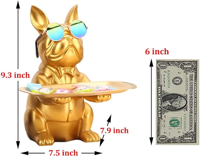 QIANLING Modern Decor Resin Gold Bulldog Tray Statue Tray Storage Key Holder Candy Jewelry Earrings Tray Suitable for Home Decor Modern Art Dining Table Decor Office Small Object Tray (Golden Yellow)