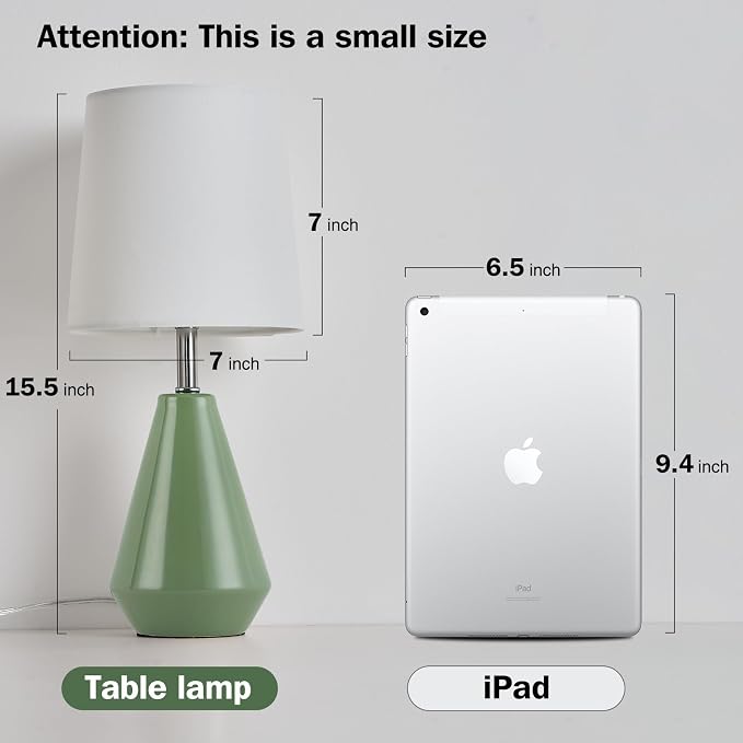 Small Bedside Table Lamp for Bedroom - Reading Desk Lamp with 3 Color Temperatures，15.5" Nightstand Ceramic Lamp with Fabric Shade for Kids Room,Living Room,Dorm,Home Office (Green+White)