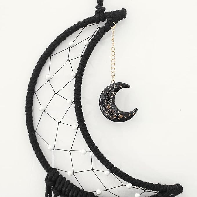 MOONFLY Black Moon Dream Catcher with Handmade Woven Cotton Macrame Wall Hanging Boho Home Decoration Ornament Craft Gift