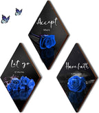 ZINYAZHE 3 Pcs Blue Bathroom Decor Rose Bedroom Wall Decor Farmhouse Inspirational Wood Office Wall Art with Accept Let Go Have Faith Sign for Girl Women Living Room(Blue Rose 12 x 7 Inch)