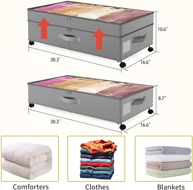 Under Bed Storage with Wheels Height Adjustable 2 Pack Under Bed Storage Containers with Clear Lid & Handles Rolling Under Bed Drawers for Clothes Shoes Toys Blankets Grey