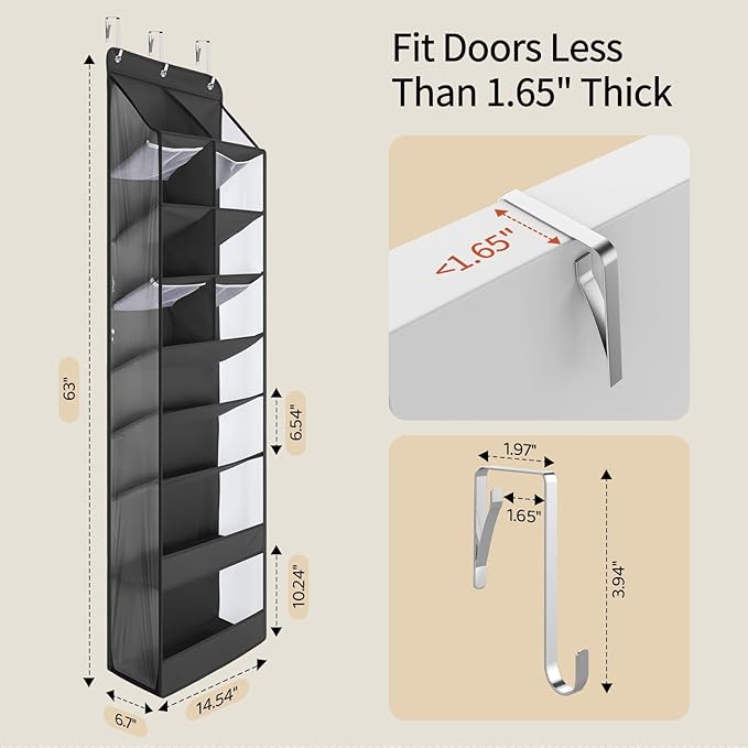 Yecaye Over the Door Shoe Organizer Hanging with Large Pockets, 8 Tier Back of Door Storage for Nursery, Closet and Bathroom, Partition Behind Door Organizers Shelf with Baby Clothes (1 Pack, Black)