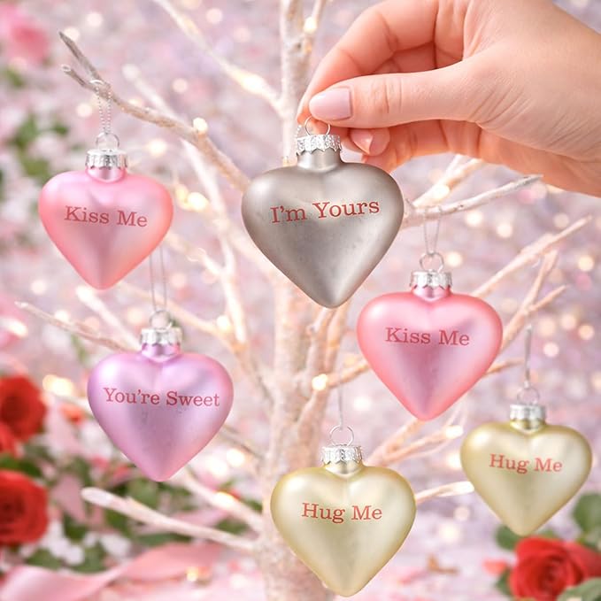 Lillian Vernon Pastel Candy Conversation Hearts Valentines Ornaments - 12-Piece Assortment, Blown Glass, Handcrafted Hanging Tree Decorations, Pastel Heart Holiday & Party Decor, 2.5 in Tall