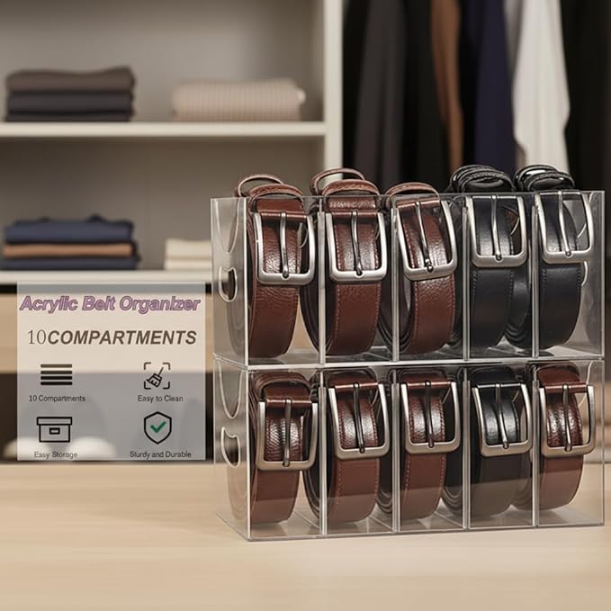 Belt Organizer 2pack,Acrylic Belt Organizer for Closet with Removable Dividers - 5 Compartments & Handles Drawer organization and storage for Purse,underwear, Socks, and Ties (2)