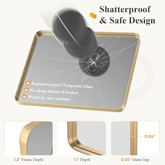Sweetcrispy Bathroom Wall Mirror, 30x22 Inch Wall Mount Mirror for Over Sink, Modern Rounded Rectangle Vanity Mirrors with Matte Metal Framed, for Home Decor, Living Room, Bedroom, Gold
