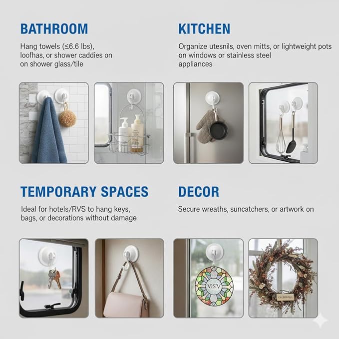 Strong Suction Cup Wreath Hanger for Front Glass Door - 20lb Duty Vacuum Hooks for Window & Bathroom - Damage-Free, Reusable Outdoor Christmas Wreath Holder for Holiday Decor, 2-Pack (White)