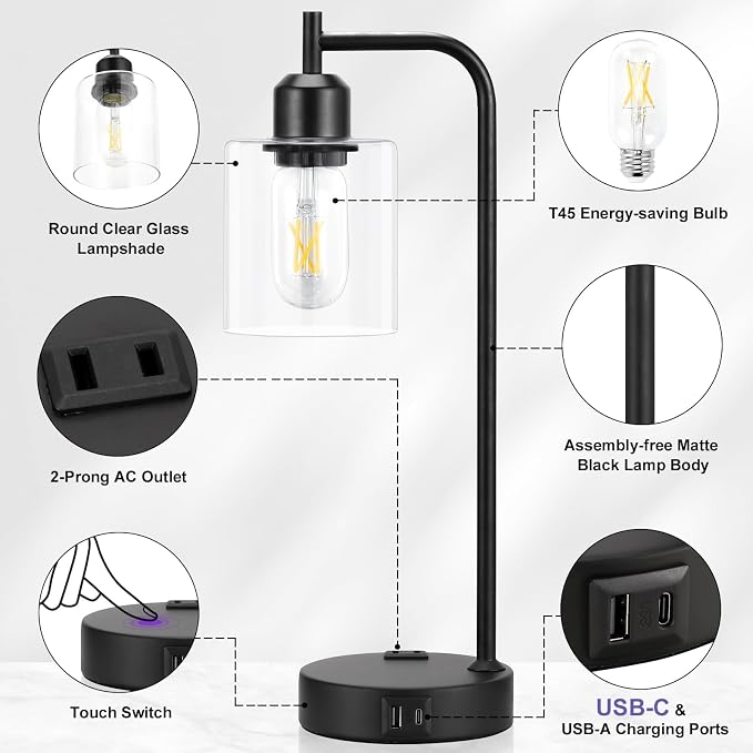 Industrial Touch Table Lamps for Bedrooms Set of 2 - 3-Way Dimmable Nightstand Lamps with USB C+A Ports and Outlet, Black Bedside Lamps with Glass Shade for Living Room, Desk Lamps for Home Office