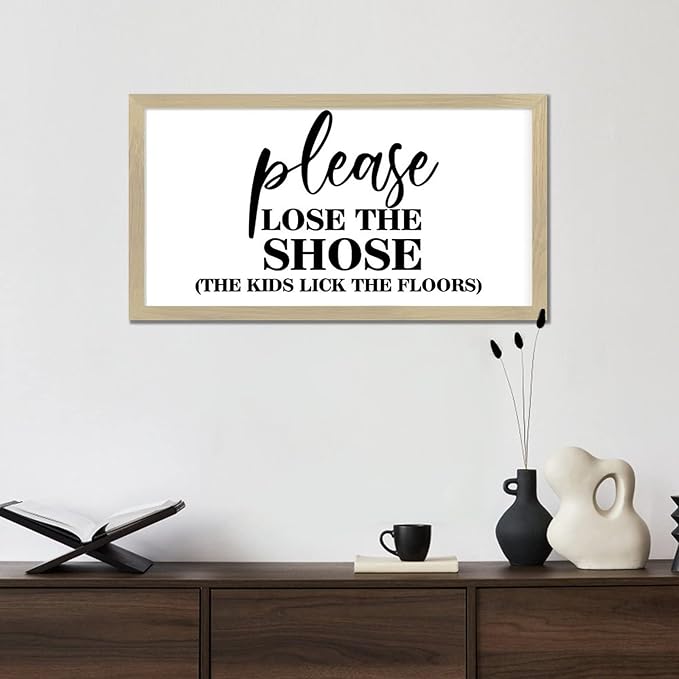 Vintage Style Motivational Quote Wooden Signs with Family Quote Please Lose the Shoes Beige Frame Wooden Plaque for Laundry Room Farmhouse Cottage Porch Wall Decor Birthday Housewarming Gift 12x22in