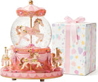 Carousel Horse Music Box Snow Globe, Light Up Pink Unicorn Design, Christmas Decor, Birthday, Valentine's Day Gift for Girls/Women Kids