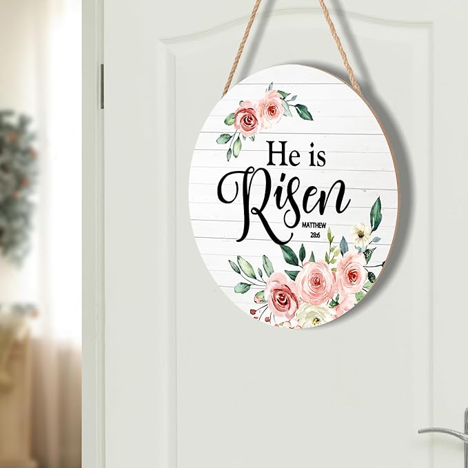Harooni Easter Sign He is Risen Wooden Hanging Plates 12"x12" Religious Door Hanger Sign