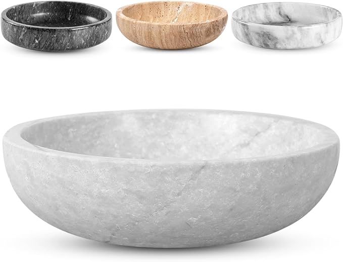 FNTSTICGOODS Travertine Decorative Bowl - 7.8” Diameter & 2” Height - Key Bowl for Entryway Table - Organic Modern Centerpiece - White/Gray
