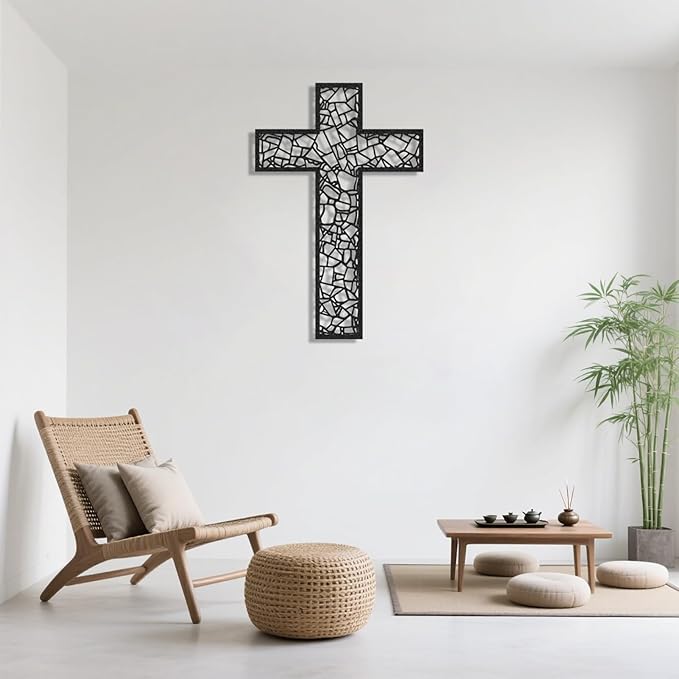 Black Metal Cross Wall Decor Iron Christian Cross for Home Church, Hollow Out Artistic Hanging Ornament, Crosses Wall Decor for Living Room, Bedroom, Decorative Thankful Religious Gift 35.4x23.5 inch