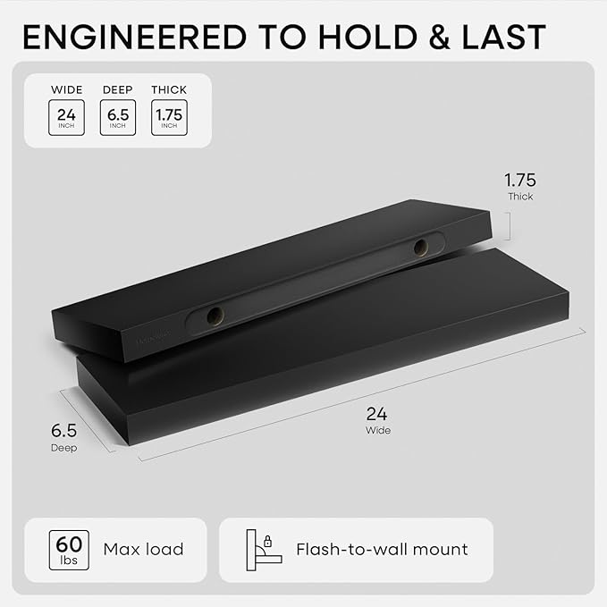 Homeforia Black Floating Shelves 24 inch, High End Solid Real Wood 24inch Bathroom Floating Shelf for Wall Mounted, Black Wooden 24in Floating Shelves, Heavy Duty Bracket, 24 X 6.5 X 1.75 in, Set of 2