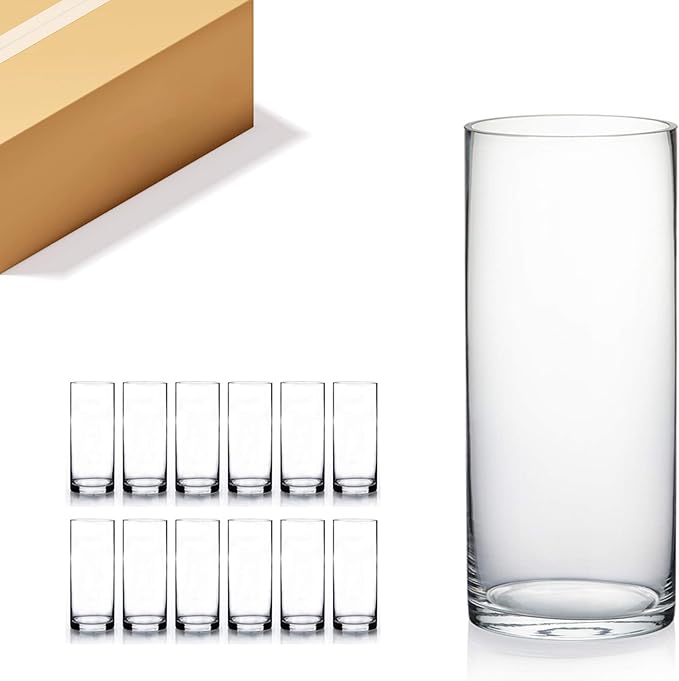 WGV Cylinder Vase Bulk, Diameter 5", Height 12", Clear Glass Floral Planter Container, Tall Centerpiece Arrangement for Wedding Party Event Home Office Decor, 12 Pieces