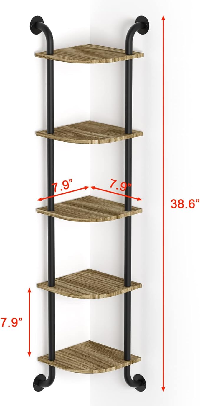 Tinpin Corner Shelf Wall Mount 5-Tier, Wall Decor for Home Living Room Bedroom, Wall Corner Shelves Bookshelf, Rustic Industrial Pipe Shelves Thanksgiving Day, Brown