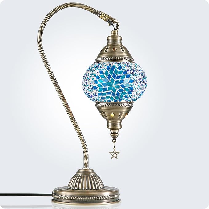 Yarra-Decor Turkish Moroccan Lamp with Bronze Base 3 Color Options Handmade Swan Neck Tiffany Mosaic Glass Bedside Lamps for Bedroom (LED Bulb Included)