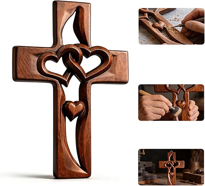 Hand-Carved Intertwined Hearts 9.84 inches Wooden Wall Cross for Wall Sacred, Mothers Day Gifts for Mom ,Handmade Hanging Cross Heart-Shaped Decoration Marriage Wedding Valentine Wood Decorative Gift