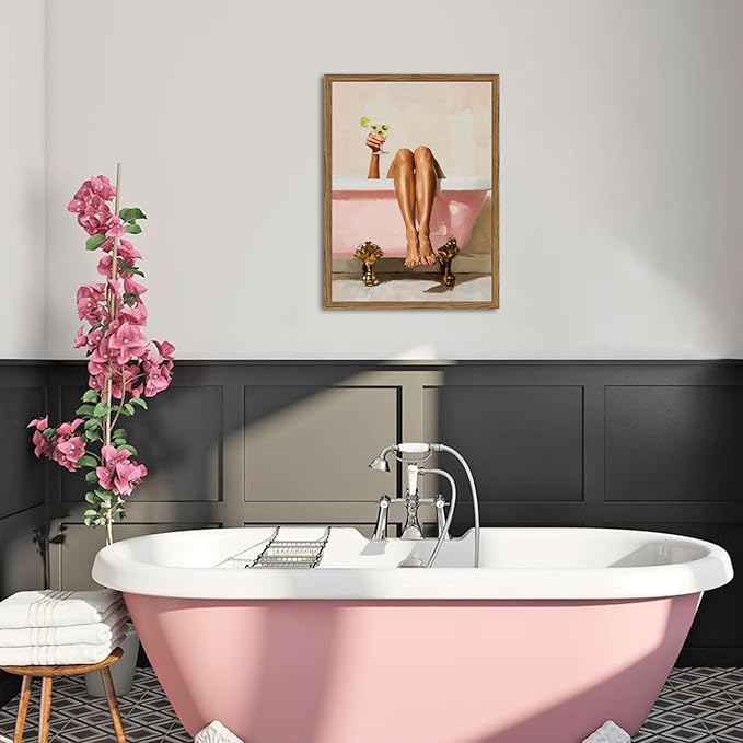 Funny Girl Bathroom Wall Art Pink Cute Girly Bathtub Wall Decor Picture, Trendy Girl Bathroom Martini Cocktail Poster Canvas Print Painting Minimalist Cute Woman Artwork 12x16 inch Wood Framed