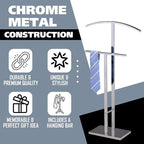 Kings Brand Furniture Dossi Modern Metal Suit Valet Stand, Clothes Rack Organizer with Jacket, Pants & Tie Holder, Space-Saving Garment Rack for Bedroom or Closet (Chrome)