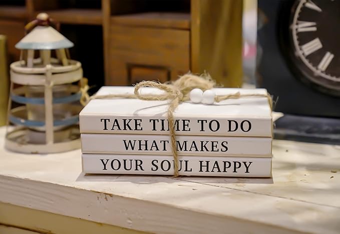 3 Pieces Wooden Decorative White Books, Rustic Farmhouse Faux Books for Coffee Table Shelves with Wood Bead Tassels and Leaves, 7'x 4.6'x 2.5' (Take Time to Do, What Makes, Your Soul Happy)
